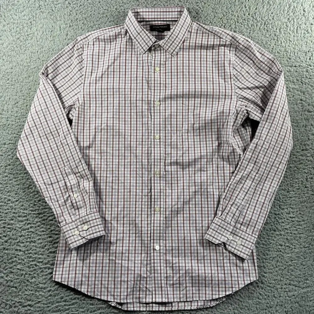Banana Republic Shirt Mens Large Red Blue Non Iron Slim Fit Long Sleeve Button